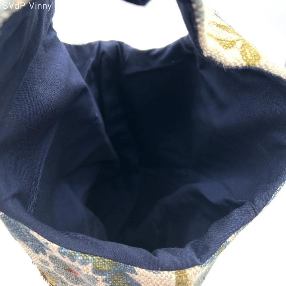 Bohemian Blue Beige Floral Beaded Sequin Embellished Canvas Knot Handbag
